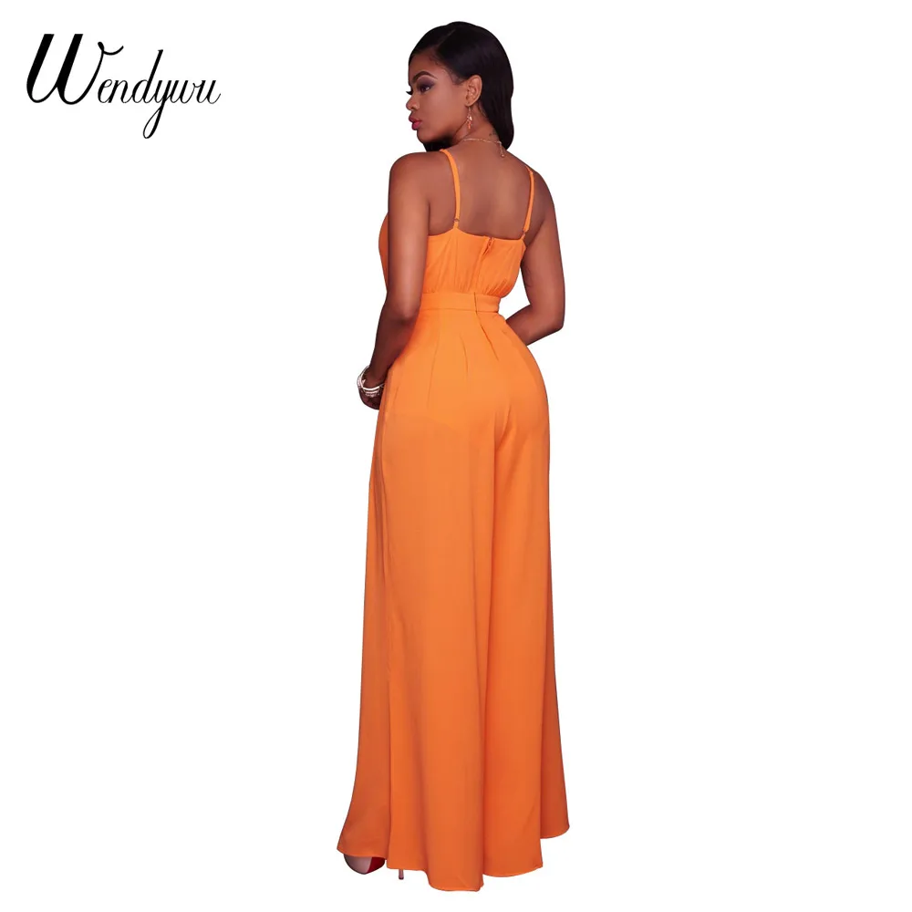Wendywu широкие элегантные с глубоким v-образным вырезом Спагетти ремень Комбинезоны Оранжевый длинный комбинезон для женщин