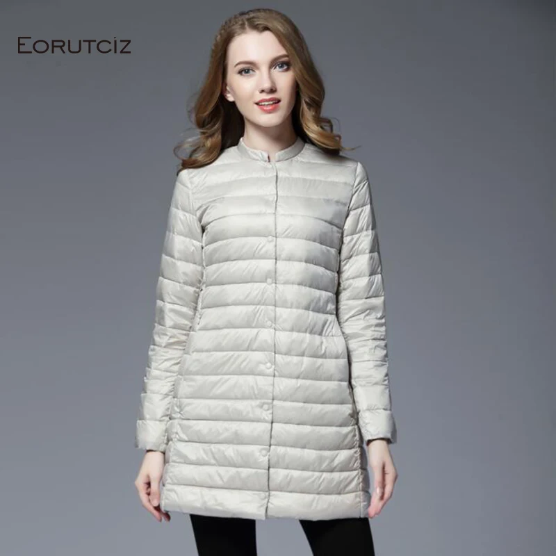 EORUTCIZ зимнее длинное пуховое пальто Женская Ультралегкая куртка тонкая Повседневная винтажная черная Осенняя пуховая куртка LM512