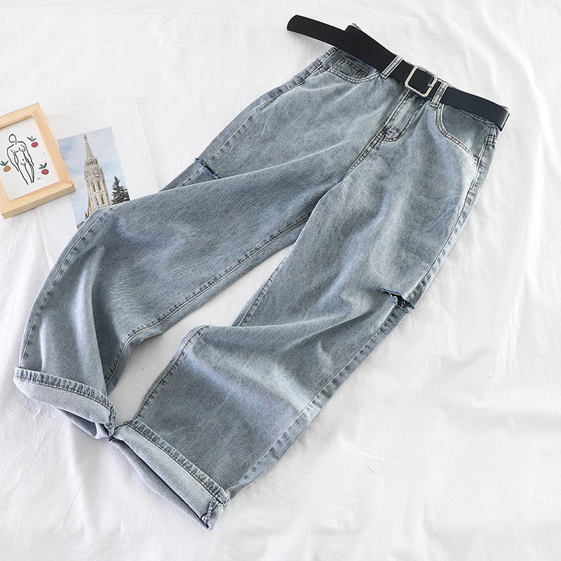 

2019 new fashion women's jeans Jeans high waist hole loose trousers thin J392