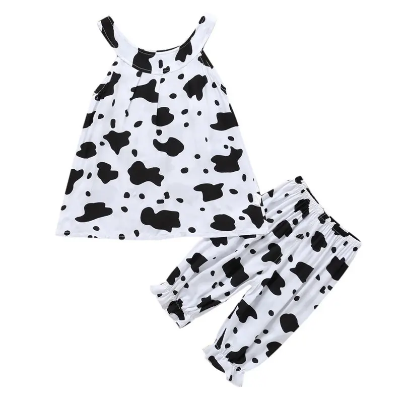 

2018 Summer New Cow pattern Toddler Kids Baby Girl Outfit Clothes Sleeveless Printing T-shirt Vest+Pants Set Children clothes P6