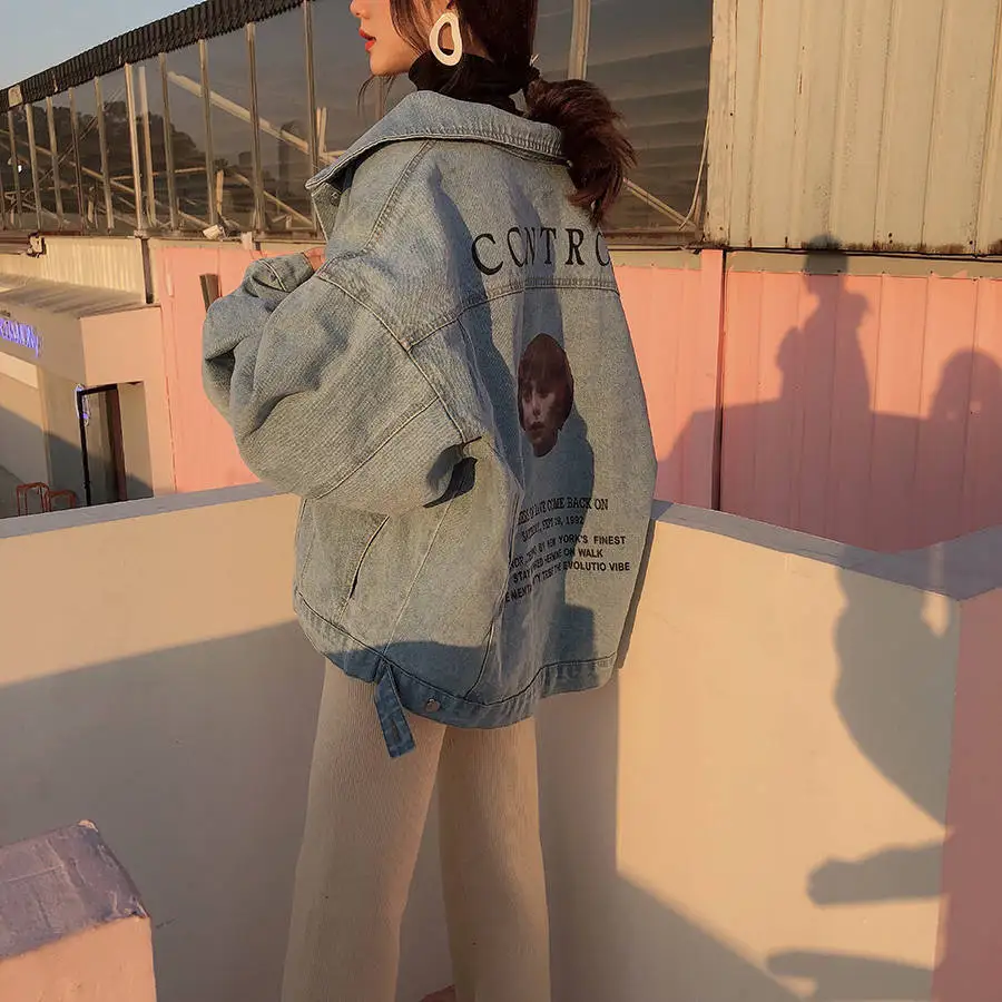 

Women Frayed Denim Bomber Jacket Appliques Print Where Is My Mind Lady Vintage Elegant Outwear Autumn Fashion Coat