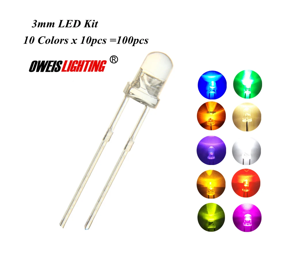 

100pcs 3mm f3 LED Kit Warm White Green Red Blue Yellow Orange Purple UV Pink Ultra Bright 20mA Water Clear Lamp Light