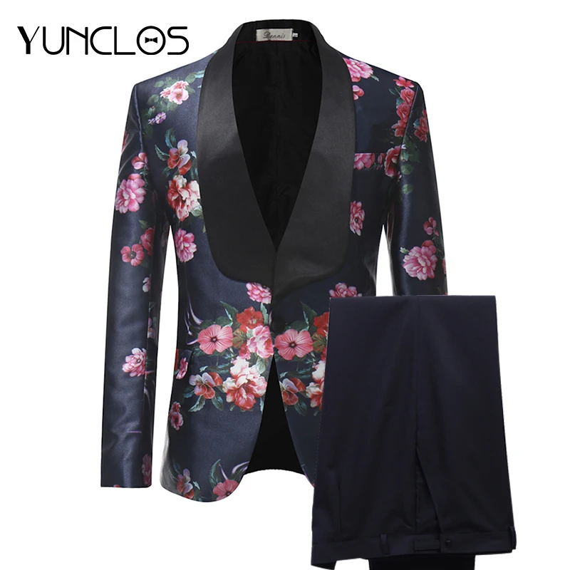 

YUNCLOS New Arrival Men Suits Burgundy Floral Printed 2 Pieces Set Tuxedo Groomsman Wedding Suits Terno Masculino