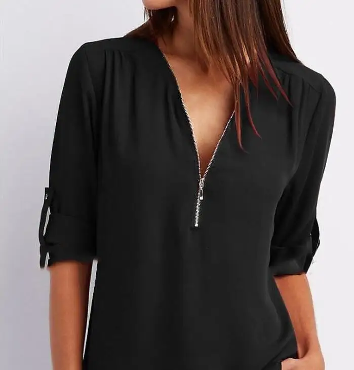 

13 Colors Chiffon Blouse 2019 V-neck zipper Mid sleeve pull sleeves Casual loose shirt Tops Vestidoes S-5XL Plus Size