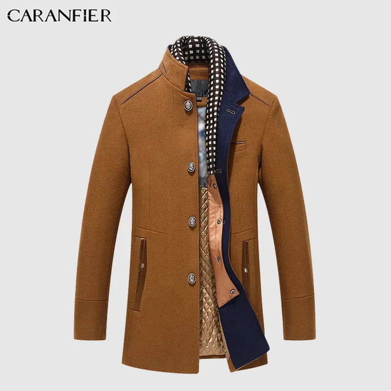 CARANFIER осень зима мужская куртка повседневная плюс бархат длинный Тренч мужское шерстяное пальто воротник Мандарин одежда для среднего возраста - Цвет: Хаки