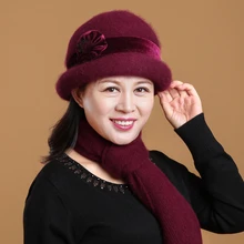 Теплая зимняя шапка для пожилых людей из кроличьей шерсти, зимняя вязаная шапка для пожилых женщин, шарф для женщин