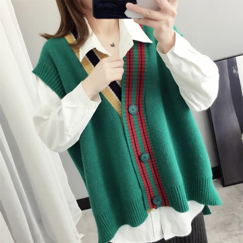 

Korean Patchwork Knitted Vest Women Cardigan 2019 Autumn Asymmetry Loose Short Female Sleeveless Jacket Winter Lady's Sweater