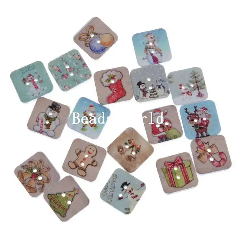 100 Square Wood Sewing Buttons Scrapbooking 2 Holes Mixed Christmas Pattern 15mm For DIY (W04197 X 1) | Дом и сад