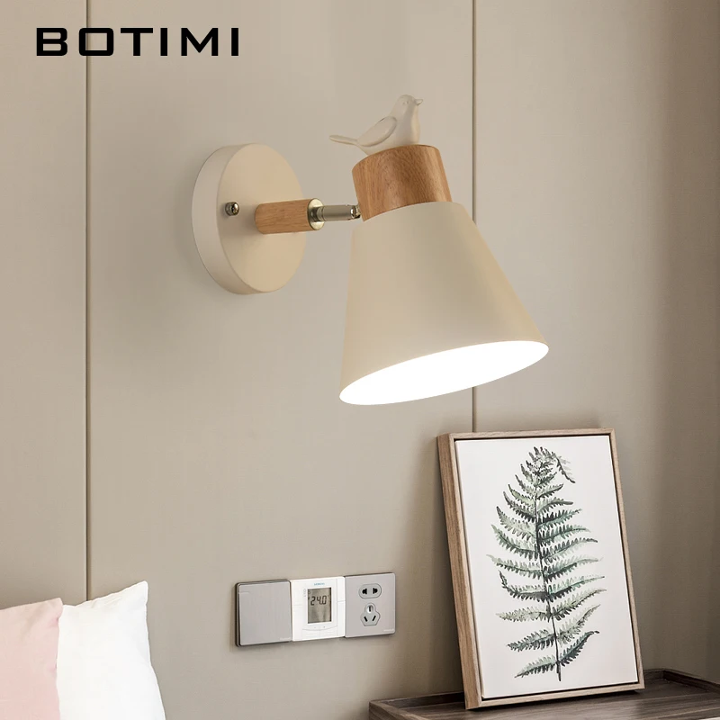 BOTIMI LED Wall Lamp Modern Adjustable Wall Sconce For Bedroom Metal Bedside Lights White Bird Wall Mount Wooden Kitchen Light