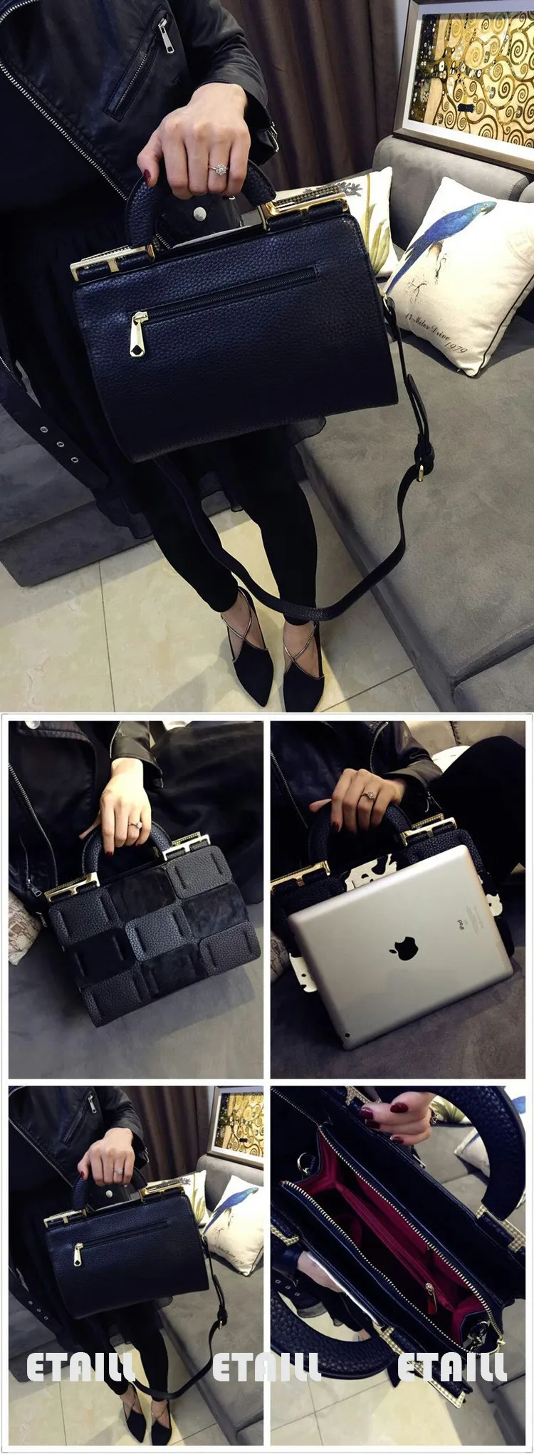Cowhide Genuine Leather Bags with Horsehair