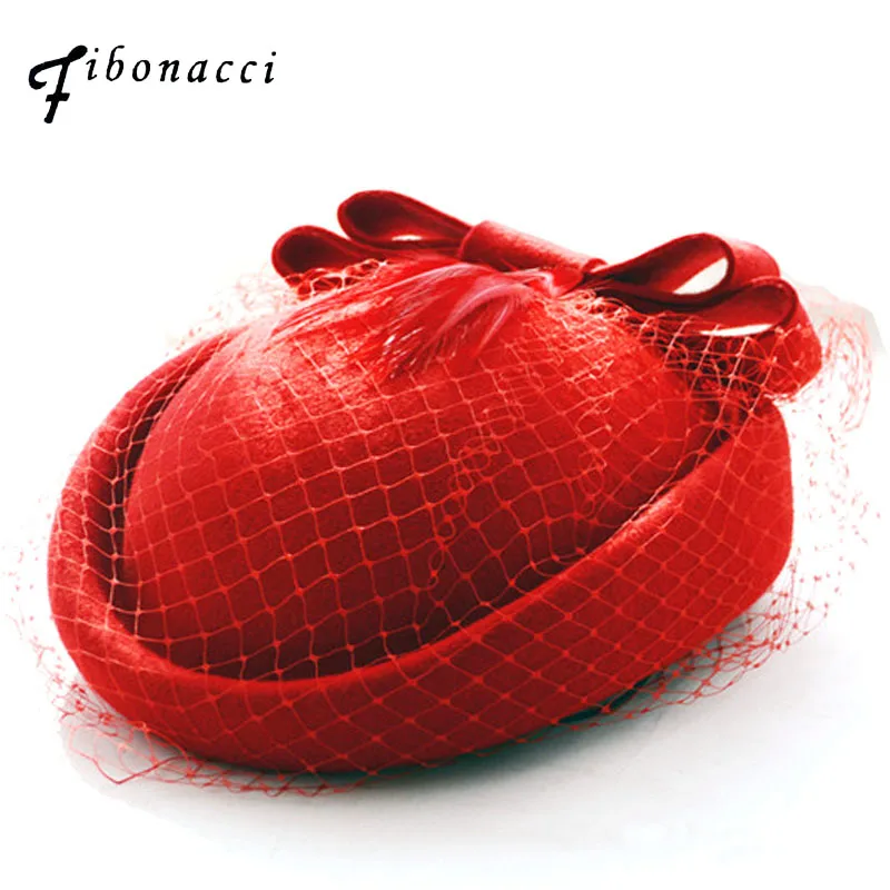 

Fibonacci Elegant Female Fedoras Wool Felt Mesh Bow Floral Formal Berets Fedora Hats for Women