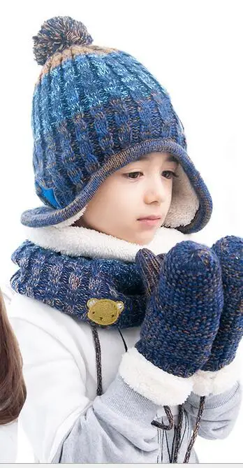 Детские шапки, шарф, перчатки, комплект из трех предметов, теплые осенне-зимние шапки для мальчиков и девочек, комплекты с воротником, детские вязаные шапки, костюмы - Цвет: blue sets