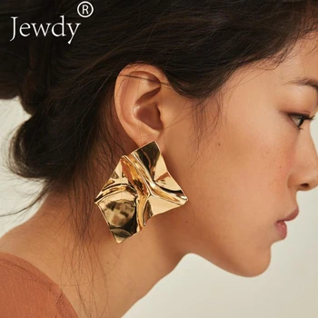 

Gold Silver Color Statement Wrinkled Metal Stud Earrings Geometric Exaggeration Earring Women Jewelry Minimalist Punk Style