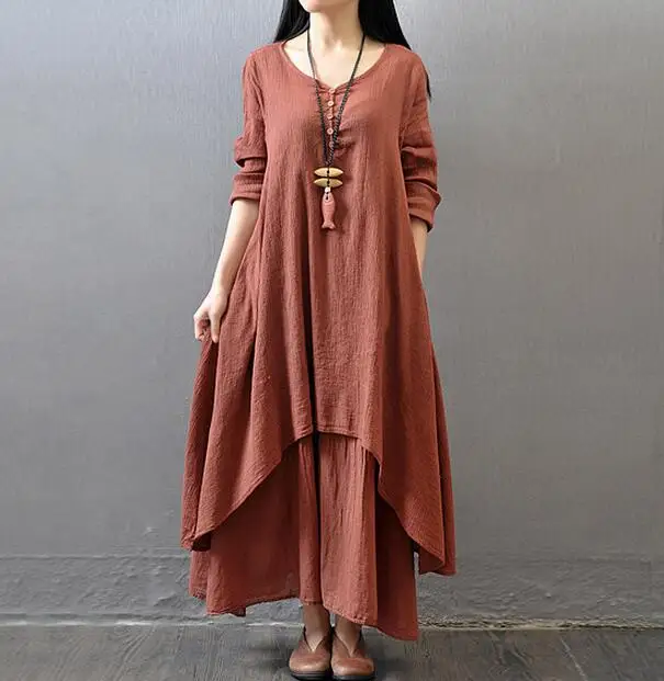 Johnature Cotton Color Women Maxi Dress 