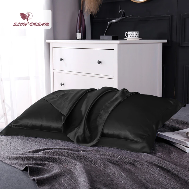 

SlowDream Luxury Black 100% Nature Mulberry Satin Silk Pillowcase Queen King Multicolor 19 Color Silky Pillow Case Wholesale