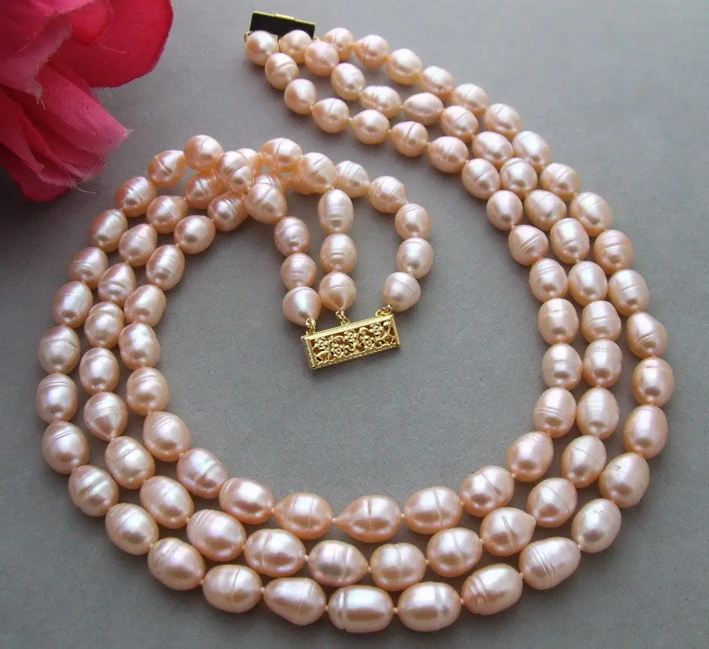 

FREE SHIPPING HOT sell new Style >>>> 3 strds natural pink rice Necklace