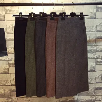 Hanyiren jupe crayon taille haute 2019 automne hiver femmes élégant tricoté moulante jupe noir solide dames tenue de bureau jupes