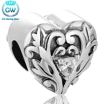 

GW Sterling Silver Jewelry Heart Leaf Antique Charm Big Crystal Stone Bracelet Lovers Valentine'S Day X415
