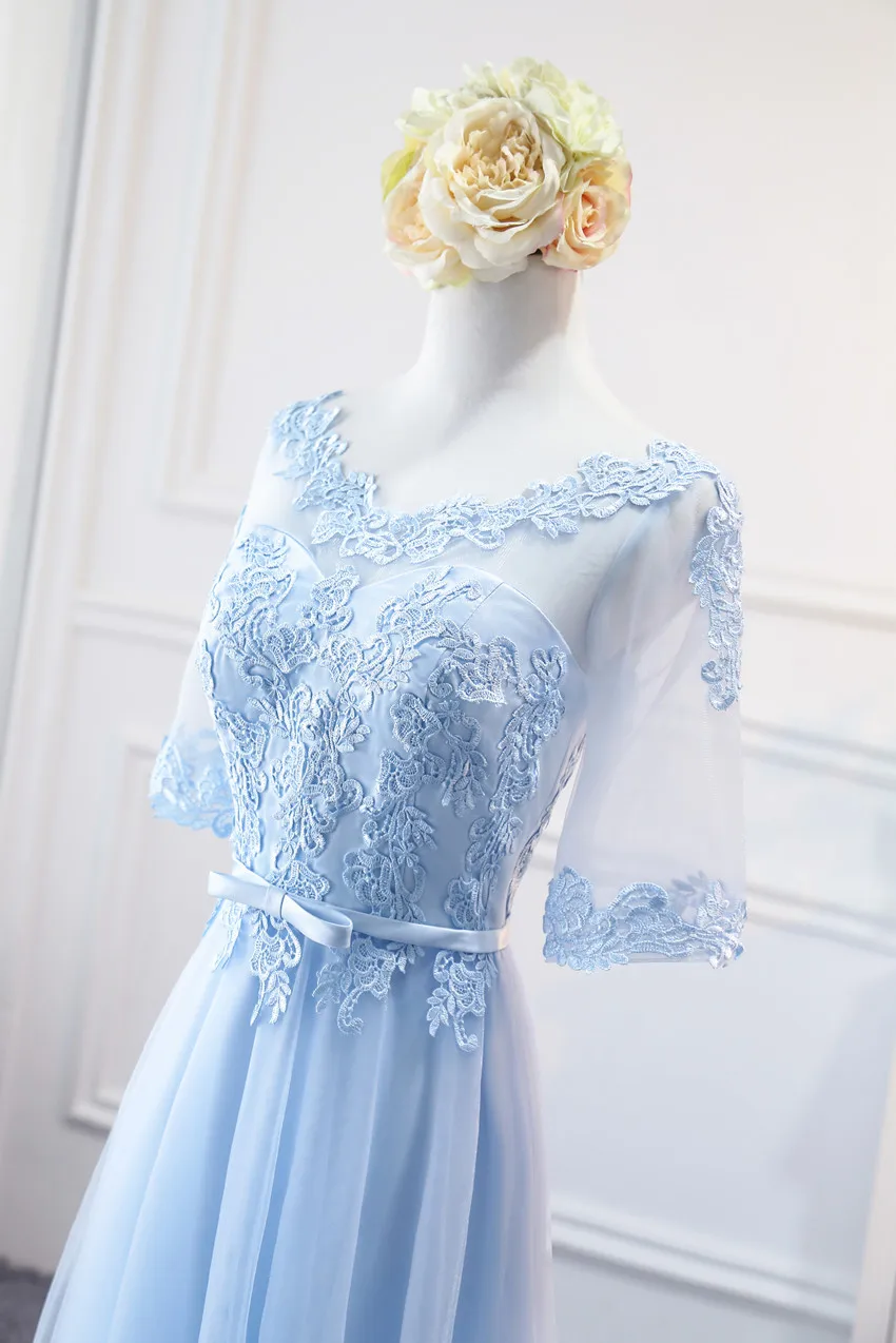 MNZ-9688# Половина рукава Вышивка на шнуровке Длинные небесно-голубое для подружки невесты платья весна Новые Вечерние платья для выпускного вечера