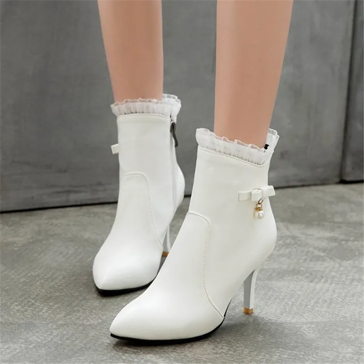 

PXELENA Winter Shoes Women Black White Beige Bride Wedding Ankle Boots Stiletto Thin High Heels Ruffles Bow tie Pearl Footwear