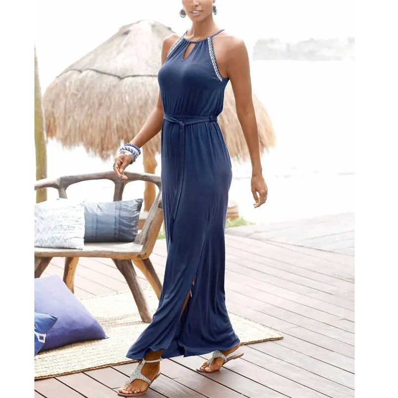 New Fashion Women Summer Sexy Boho Beach Solid Backless Long Maxi Loose Dress Elegant Lady Brief Casual Daily Party Dress #4R10  (3)