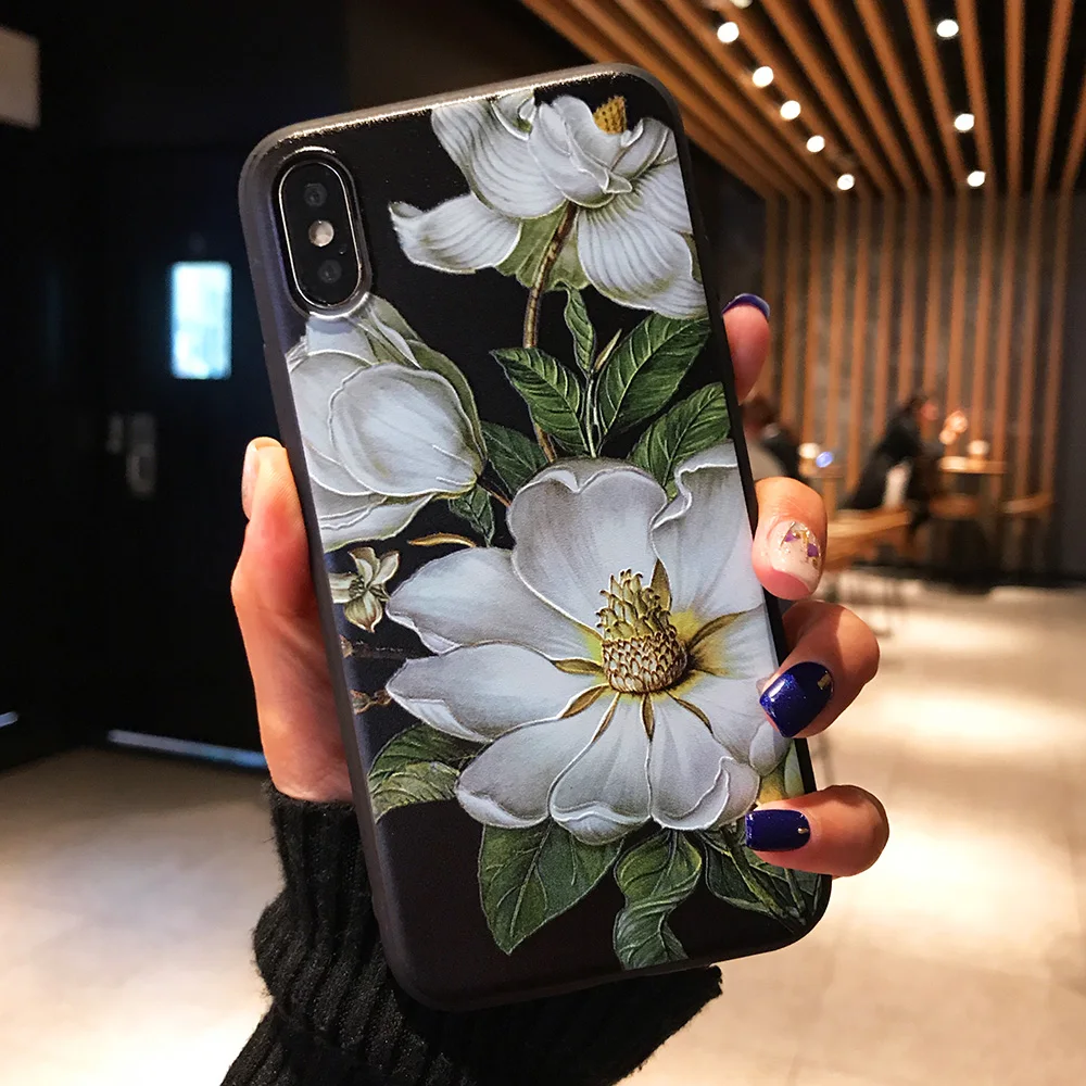 KIPX1071B_1_JONSNOW 3D Flower Emboss Case for iPhone 6 6S 7 8 Plus Painted Phone Cover for iPhone X XR XS Max Soft Cases