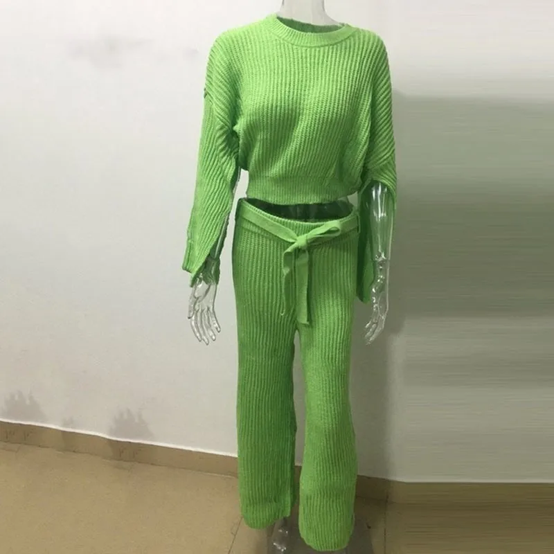 Однотонный вязаный женский свитер, костюмы, Свитера с длинными рукавами и широкие брюки, зимний осенний костюм из 2 предметов, вечерние костюмы - Цвет: GreenA