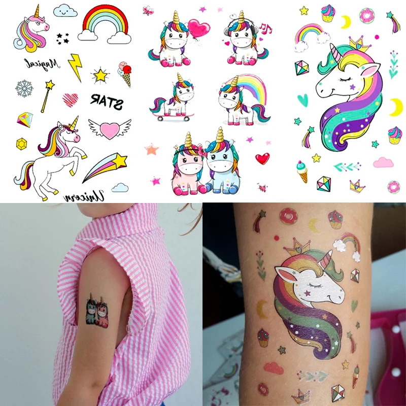 

3pcs Rainbow Unicorn Tattoo Sticker Kids Birthday Party Decorations Cute Unicornio Star Heart Crown Paster Wedding Supplies