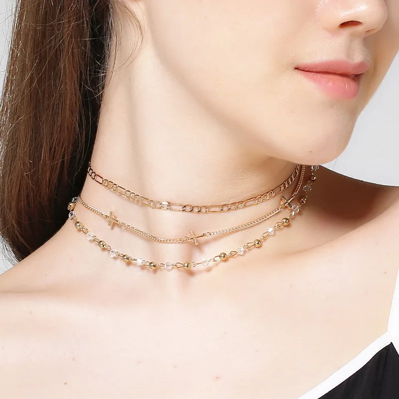 2017 Elegant Korean Multilayer Crystal Beads Cross Choker Necklace for