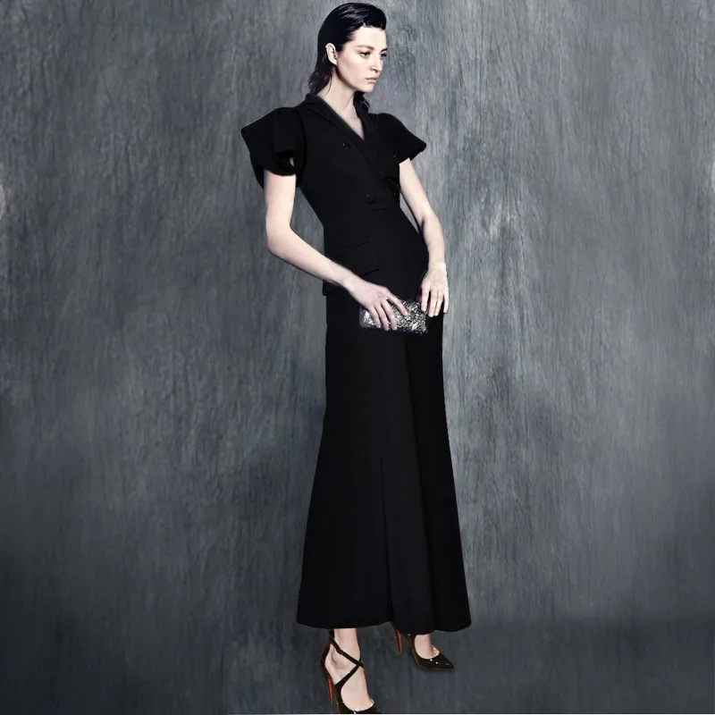 

solid color black red women office dress v neck butterfly ruffles sleeves double breasted buttons anke length mermaid long dress