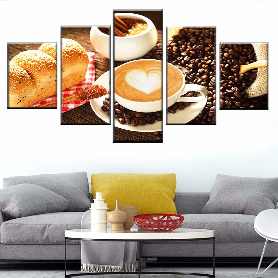 

HD Print Food Poster 5 Piece Coffee and Bread Painting Modular Home Decor Canvas Wall Art Picture for Living Room Frame