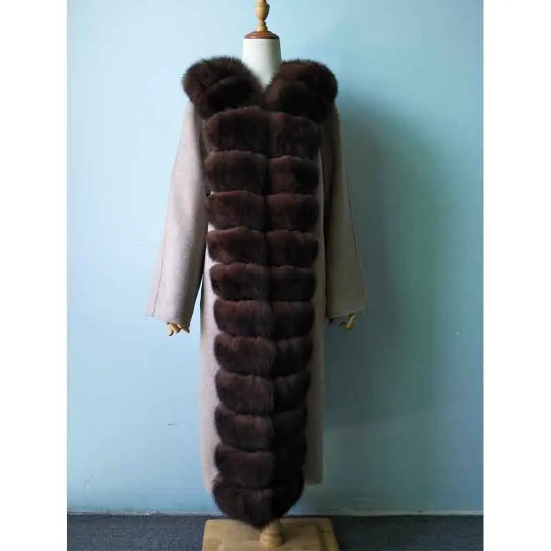 Tatyana Furclub, новинка, длинное пальто из натурального меха, Женская шерстяная куртка с воротником из лисьего меха, приталенная верхняя одежда, куртки размера плюс