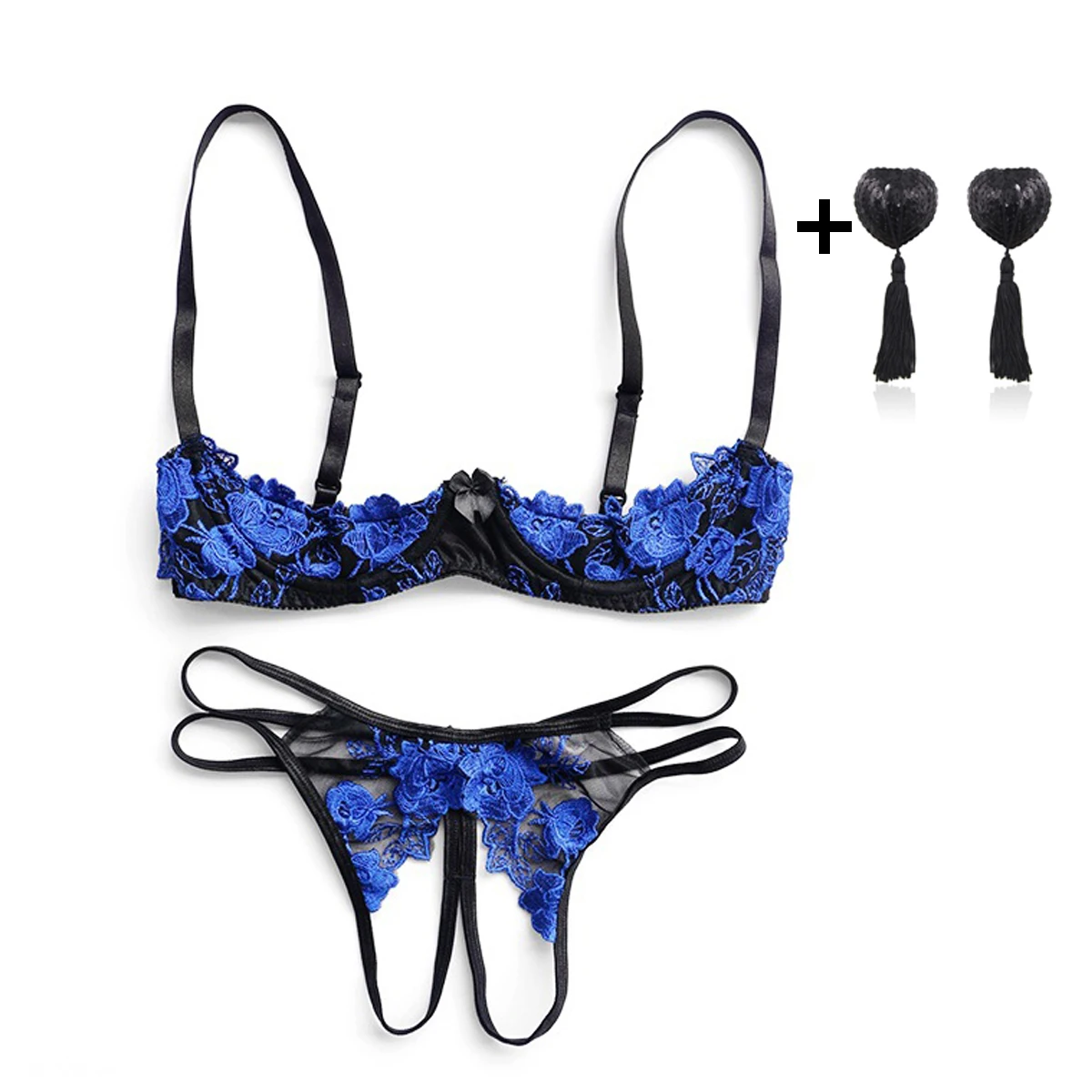 

Blue Open Bra Crotchless Sexy Underwear Embroidery Bra Panties Underwear Suit Ladies Temptation Nightwear Lingerie Set