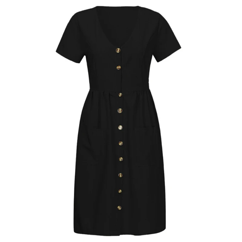 Women's Sexy Summer Dresses 2019 Boho Short Sleeve Button Solid Midi Dress Sundress With Pockets Lady Beach Party Dress Vestidos