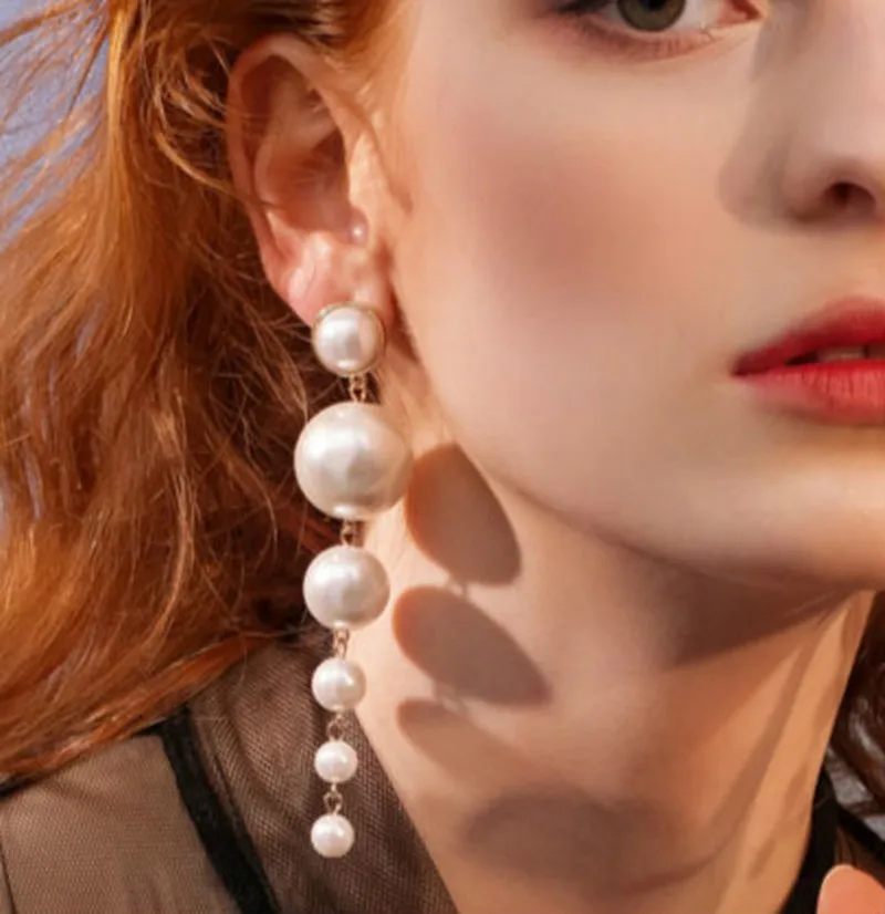 

Trendy Elegant Created Big Simulated Pearl Long Earrings Pearls String Statement Drop Earrings For Wedding Party Gift