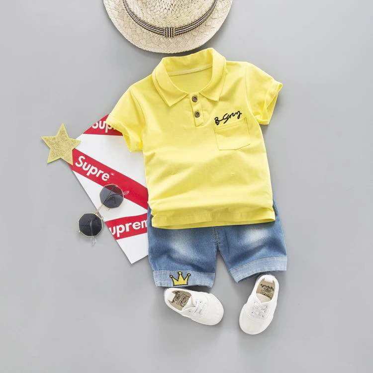 Хлопковая футболка с отложным воротником для маленьких мальчиков, комплекты одежды, летние джинсы с короной, короткая детская одежда, костюм для детей, костюмы - Цвет: Yellow no shoes hat