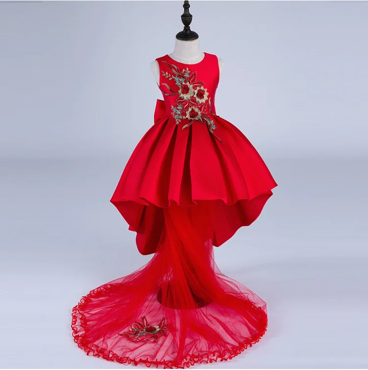 

2016 Red Chinese Style Flower Girl Dresses Sleeveless Floor Length Satin Tulle Embroidery Ball Gown Kids Wedding Party Dresses