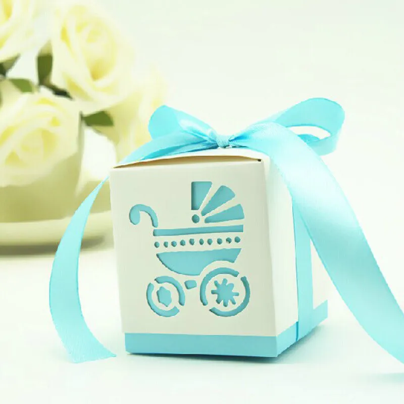 

10Pcs Sky Blue Pink Baby Carriage Candy Box Gift Box Package Wedding Party Favor Candy Bags With Ribbon 6Z