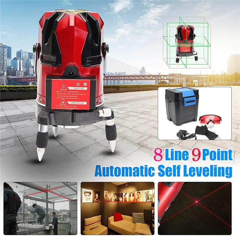 

8 line 4V+4H 9 point Cross Line 360degree Rotary Laser Line Beam Leveling Gradienter Levels Measuring Meter