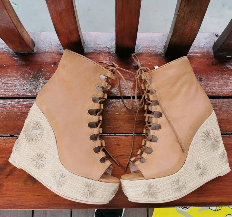 Spring Camel Cow Leather Ankle Boots Crossed Lace Up Ladies High Flower Embroidered Platform Braided Wedged Heels Summer Boots