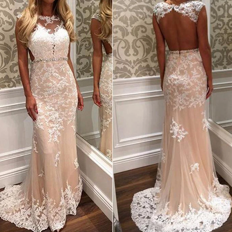

2021 New Prom Dresses Blush Pink White Lace Appliques Beaded Open Back Sweep Train Plus Size Evening Gowns Formal