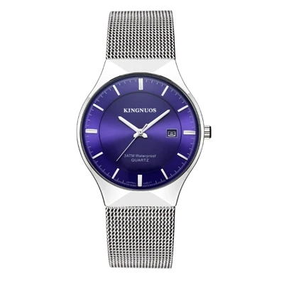 Blue Hodinky KINGNUOS мужские часы ультра тонкие мужские золотые часы с сетчатым ремешком из нержавеющей стали с календарем мужские военные часы Relogio Masculino - Цвет: Blue