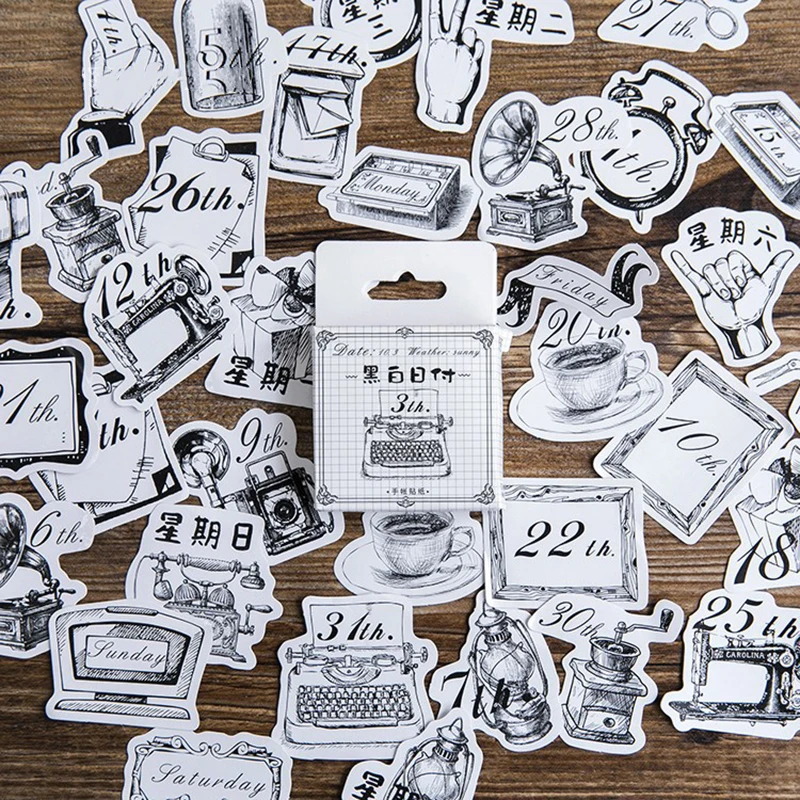 

45Pcs/box Vintage Black White Date/Week Sticker Scrapbooking Creative DIY Bullet Journal Decorative Adhesive Labels Stationery