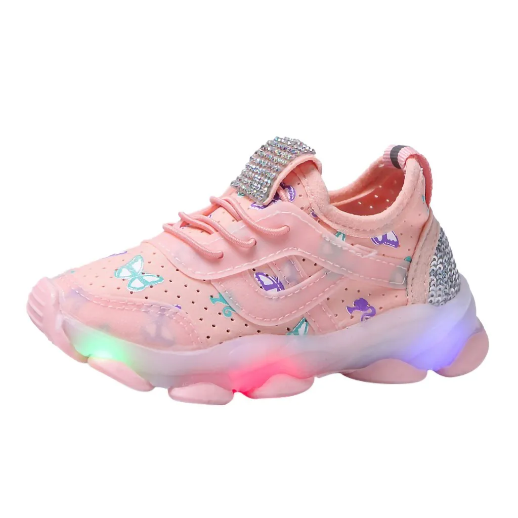 Children Kid Baby Girl Butterfly Crystal Led Luminous Sport Run Sneakers Shoes K