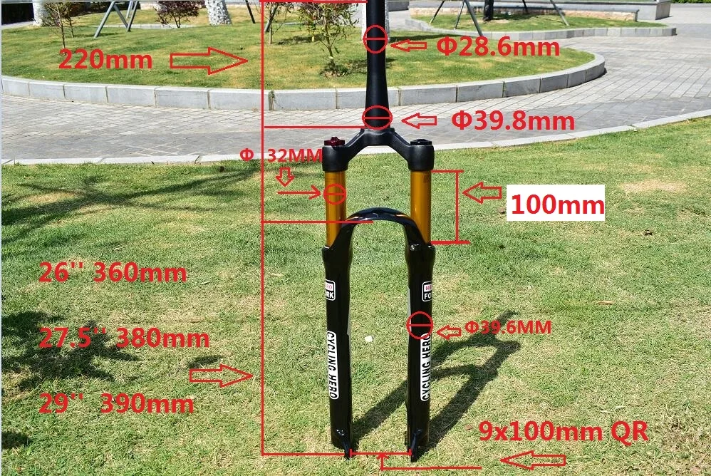 100 мм велосипедная амортизационная вилка для горного велосипеда, Велосипедная вилка, диаметр 32 мм 26 27,5 29