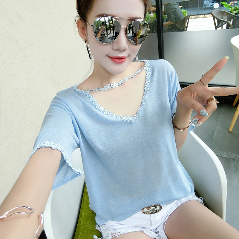 Summer Hollow Knitted Woman Short Sleeve Lace Flower V Neck Pullover Sweater Female Tops Elastic Loose knitting 2019 Spring New