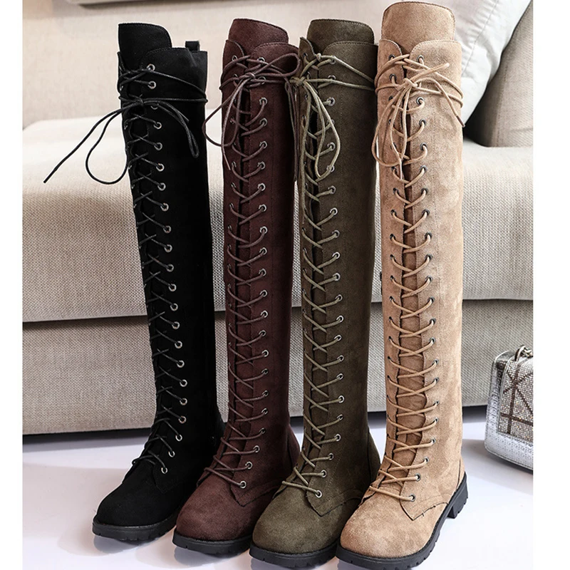 

Sexy Lace Up Over Knee Boots Autumn winter Flock Thigh High Flats Round Toe Solid Gladiator Shoes Women Boots Plus Size 34-43