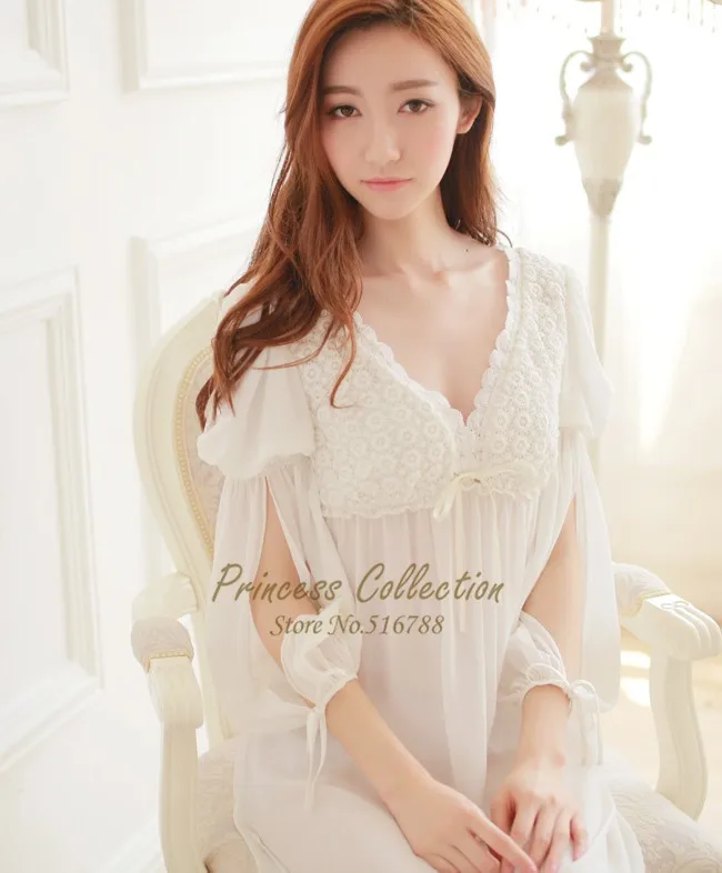 Шелк и хлопок ночная рубашка "Принцесса" женские белые пижамы длинные ночные рубашки Ночная рубашка в винтажном стиле
