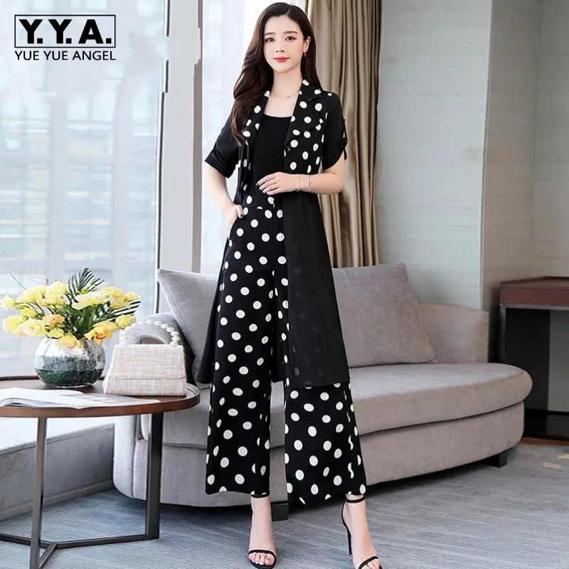 Zomer Nieuwe Vrouwen Polka Dot Lange Blazer Jas Wijde Pijpen Broek Set Kantoor Werk Pak Conjuntos De Mujer Korte Mouw outfits Set Zomer Nieuwe Vrouwen Polka Dot Lange Blazer Jas Wijde Pijpen Broek Set Kantoor Werk Pak Conjuntos De Mujer Korte Mouw outfits Set