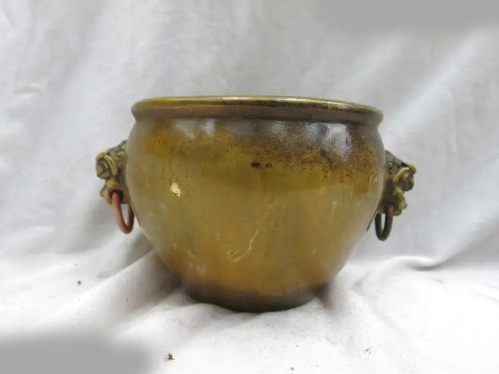 

DS Fine brass censer China carved copper tiger hand ring incense burner Statue
